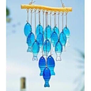 Blue Glass Fish Wind Chimes for Outdoor Beach Ocean Style NEW
